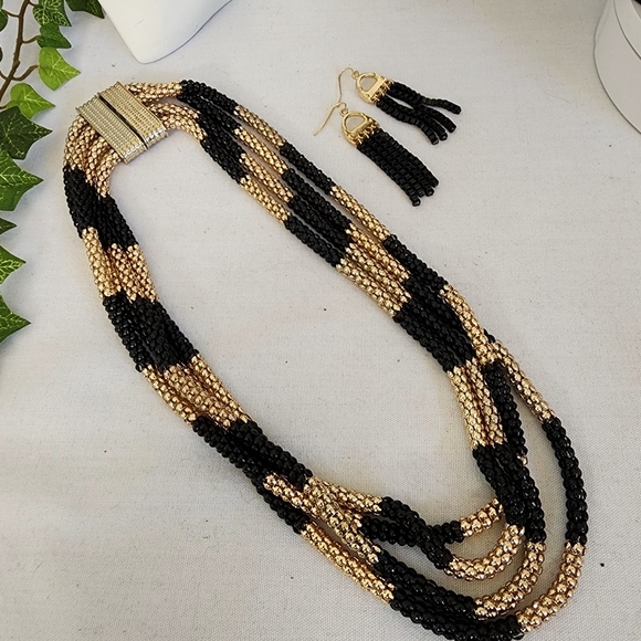 Black and Gold Multi Chain Mesh Necklace And Earrings Set - Picture 4 of 11